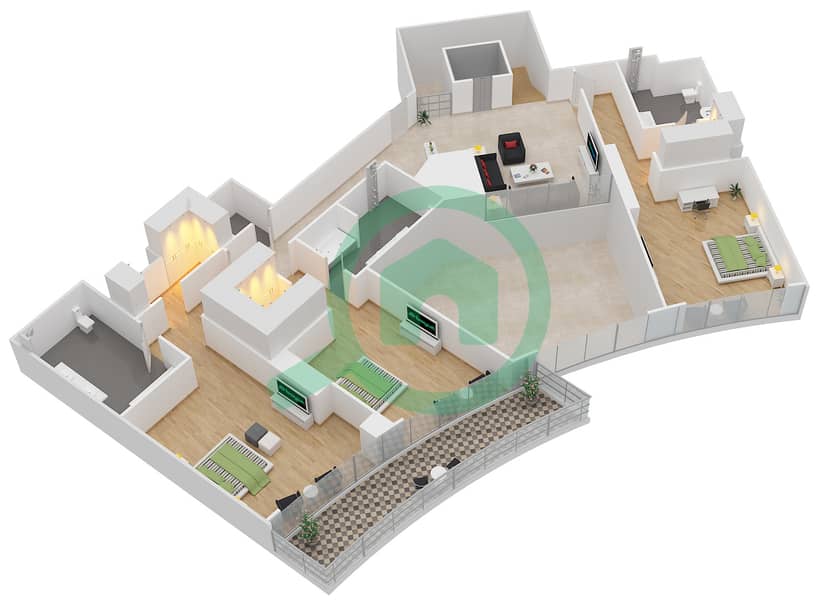 帝国大道大厦 - 5 卧室别墅类型／单位5B-A/16V3戶型图 interactive3D
