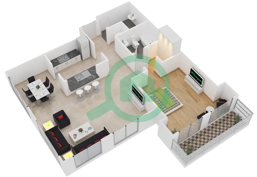 南岭5号大厦 - 1 卧室公寓套房03 FLOOR 2戶型图 interactive3D