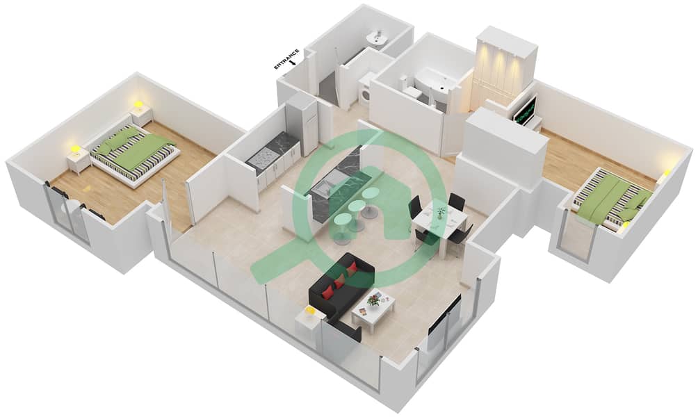 المخططات الطابقية لتصميم التصميم 01 FLOOR 1 شقة 2 غرفة نوم - أبراج ساوث ريدج 5 interactive3D