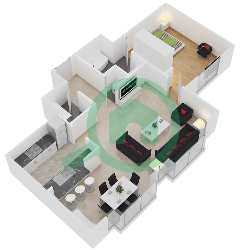Саут Ридж 5 - Апартамент 1 Спальня планировка Гарнитур, анфилиада комнат, апартаменты, подходящий 04 FLOOR 2 interactive3D