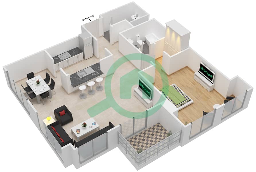 南岭5号大厦 - 1 卧室公寓套房03 FLOOR 3-31戶型图 interactive3D