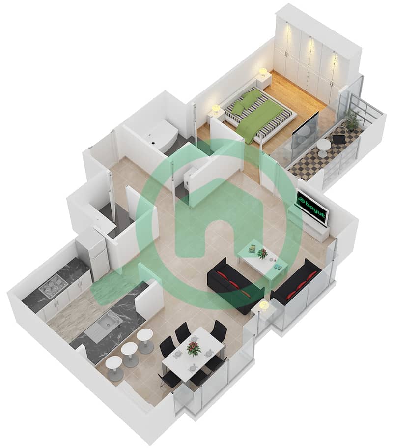 المخططات الطابقية لتصميم التصميم 04 FLOOR 32 شقة 1 غرفة نوم - أبراج ساوث ريدج 5 interactive3D