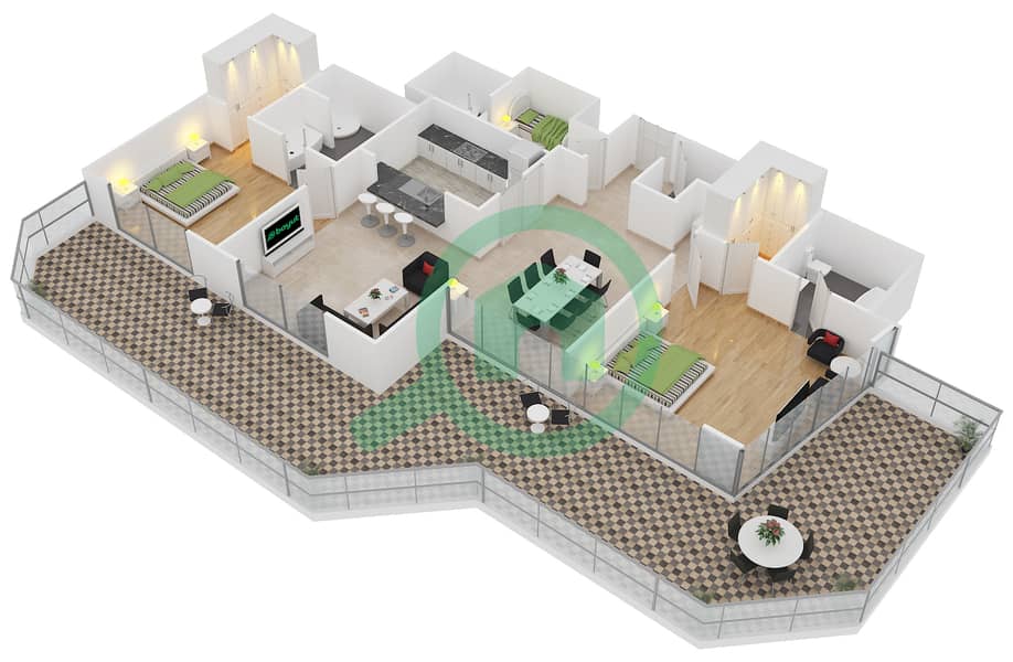 Саут Ридж 5 - Апартамент 2 Cпальни планировка Гарнитур, анфилиада комнат, апартаменты, подходящий 01 FLOOR 2 interactive3D