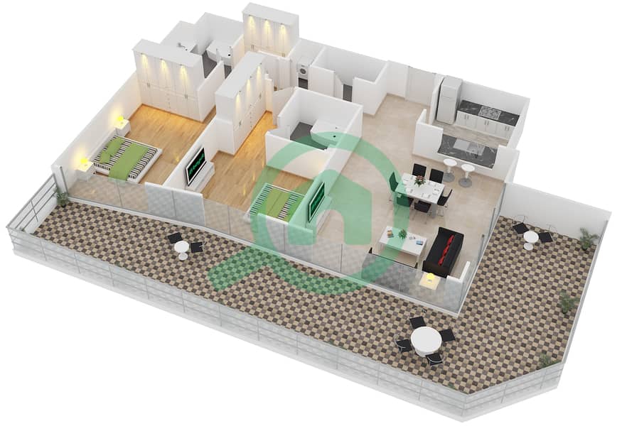Саут Ридж 5 - Апартамент 2 Cпальни планировка Гарнитур, анфилиада комнат, апартаменты, подходящий 02 FLOOR 2 interactive3D