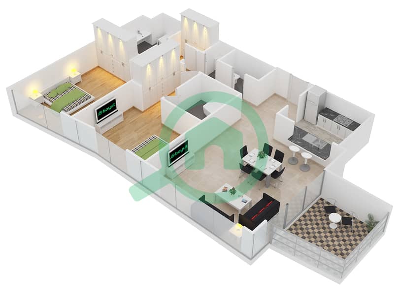 Саут Ридж 5 - Апартамент 2 Cпальни планировка Гарнитур, анфилиада комнат, апартаменты, подходящий 02 FLOOR 3-31 interactive3D