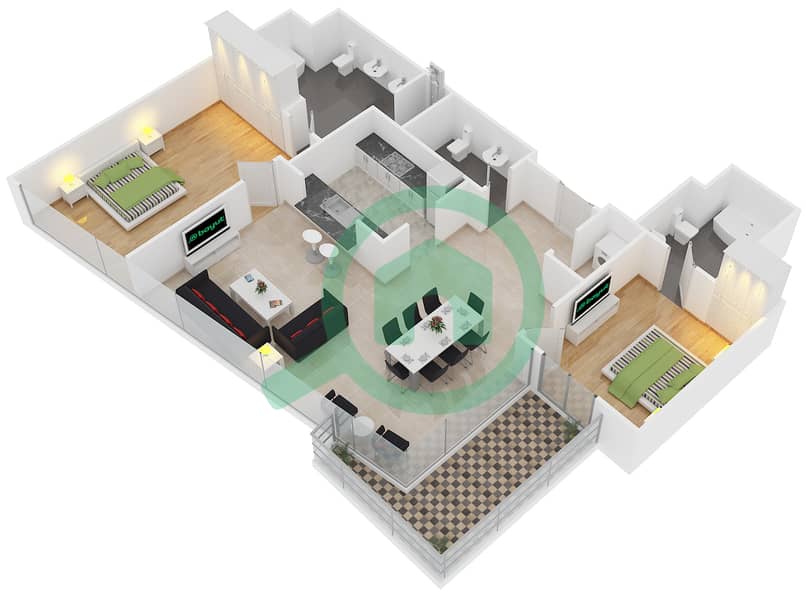 Саут Ридж 5 - Апартамент 2 Cпальни планировка Гарнитур, анфилиада комнат, апартаменты, подходящий 02 FLOOR 32 interactive3D