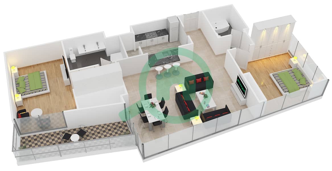 المخططات الطابقية لتصميم التصميم 05 FLOOR 32 شقة 2 غرفة نوم - أبراج ساوث ريدج 5 interactive3D