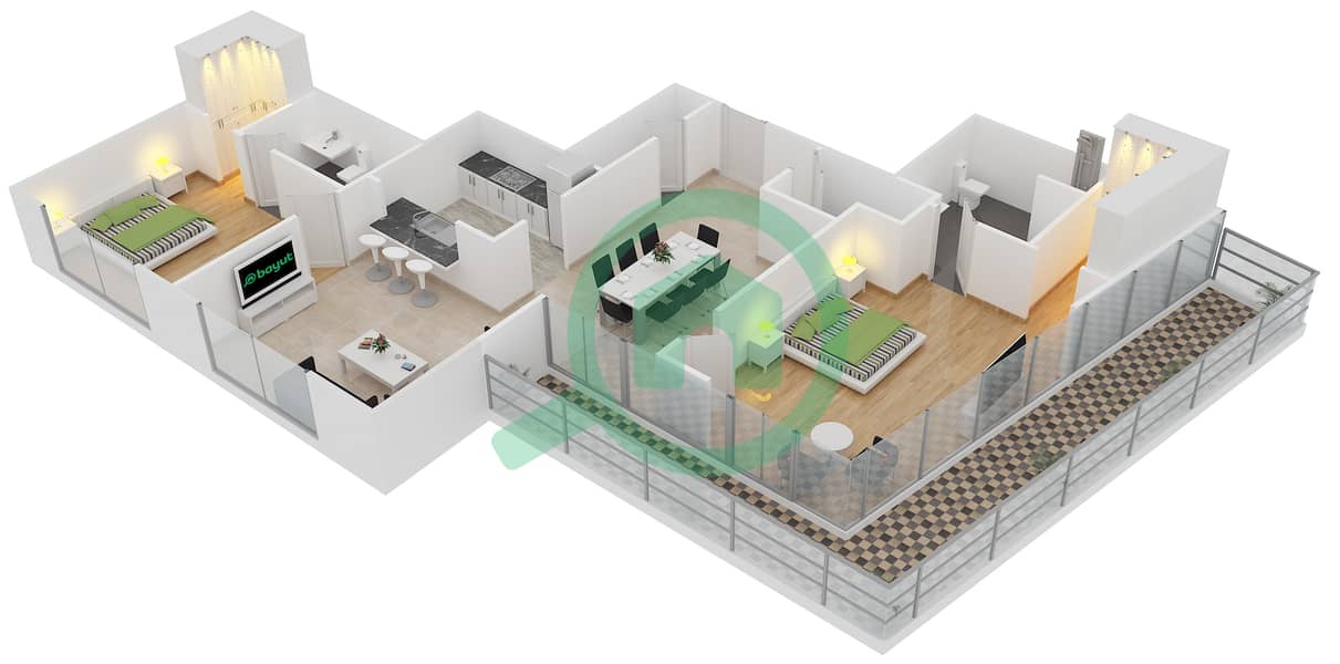 Саут Ридж 5 - Апартамент 2 Cпальни планировка Гарнитур, анфилиада комнат, апартаменты, подходящий 01 FLOOR 32 interactive3D