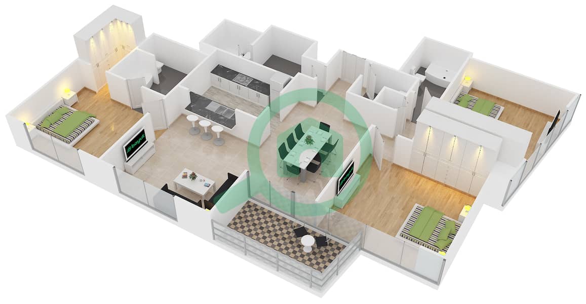 المخططات الطابقية لتصميم التصميم 01 FLOOR 3-31 شقة 3 غرف نوم - أبراج ساوث ريدج 5 interactive3D