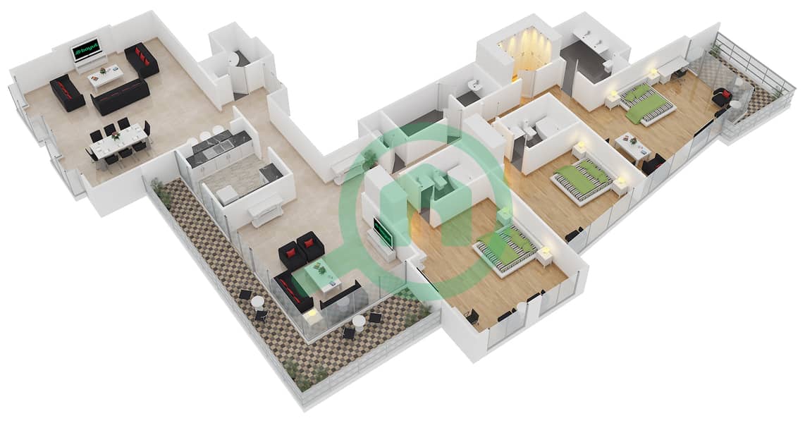 South Ridge 5 - 3 Bedroom Apartment Suite 01 FLOOR 33 Floor plan interactive3D