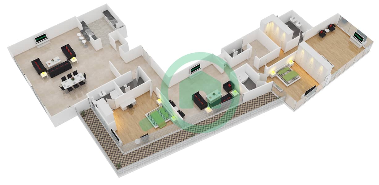 Саут Ридж 5 - Апартамент 3 Cпальни планировка Гарнитур, анфилиада комнат, апартаменты, подходящий 02 FLOOR 33 interactive3D