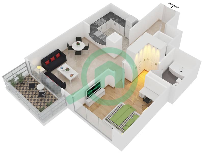 Стэндпоинт Тауэр 2 - Апартамент 1 Спальня планировка Гарнитур, анфилиада комнат, апартаменты, подходящий 1 FLOOR 1-15 interactive3D