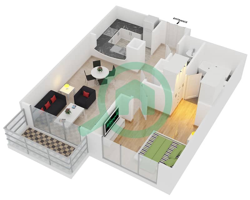 المخططات الطابقية لتصميم التصميم 3 FLOOR 16-19 شقة 1 غرفة نوم - برج ستاند بوينت 2 interactive3D