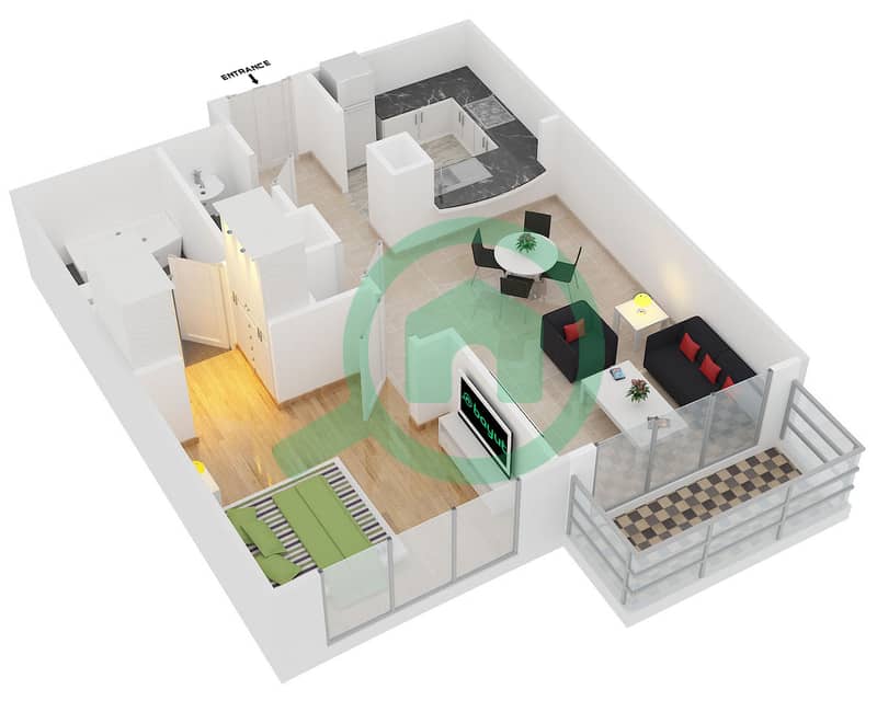 驻足2号大厦 - 1 卧室公寓套房6 FLOOR 6-15戶型图 interactive3D