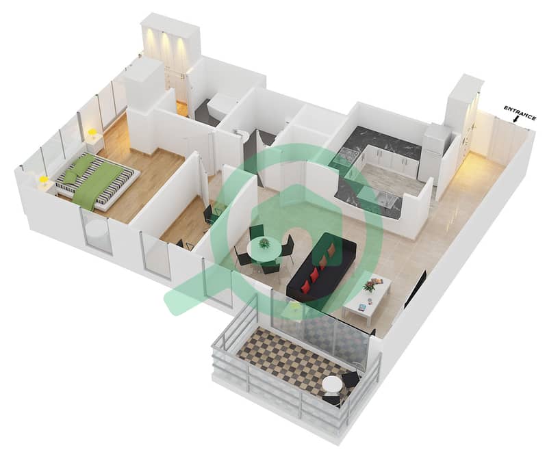المخططات الطابقية لتصميم التصميم 6 FLOOR 16-17 شقة 1 غرفة نوم - برج ستاند بوينت 2 interactive3D