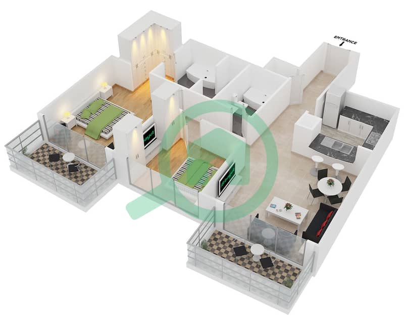 Стэндпоинт Тауэр 2 - Апартамент 2 Cпальни планировка Гарнитур, анфилиада комнат, апартаменты, подходящий 9 FLOOR 5 interactive3D