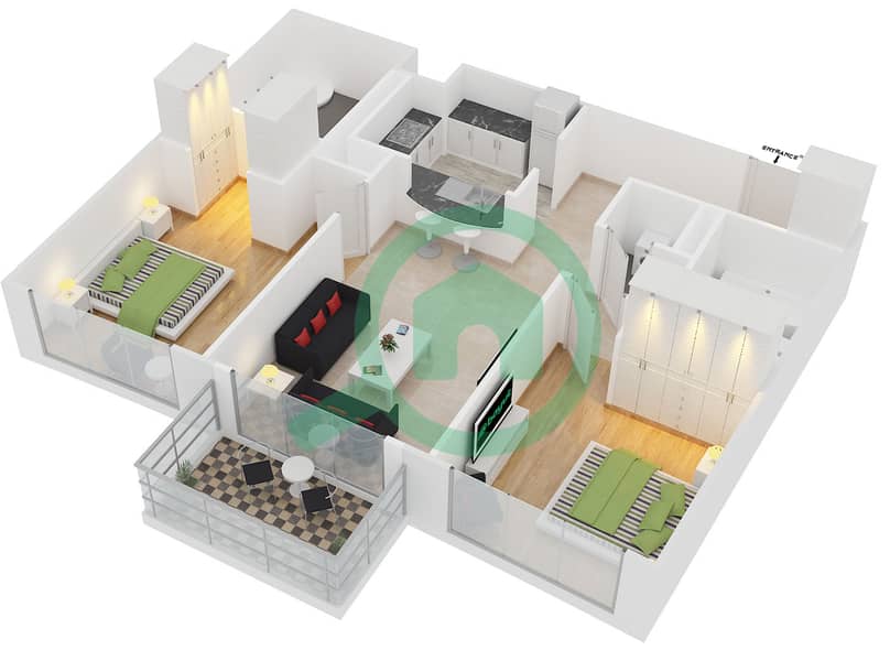 المخططات الطابقية لتصميم التصميم 5 FLOOR 6-15 شقة 2 غرفة نوم - برج ستاند بوينت 2 interactive3D
