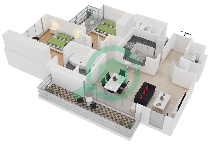 驻足2号大厦 - 2 卧室公寓套房11 FLOOR 1-4戶型图 interactive3D