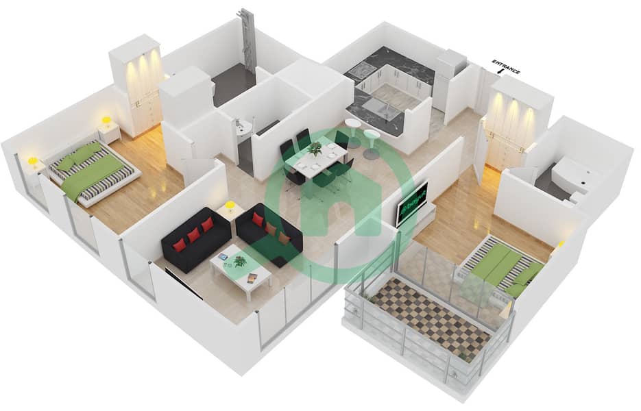 المخططات الطابقية لتصميم التصميم 12 FLOOR 1-4 شقة 2 غرفة نوم - برج ستاند بوينت 2 interactive3D