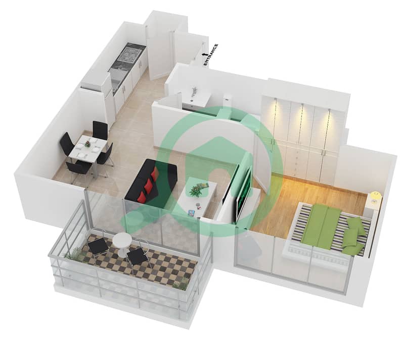 المخططات الطابقية لتصميم التصميم 3 FLOOR 1-4 شقة 1 غرفة نوم - برج ستاند بوينت 2 Floor 1-4 interactive3D