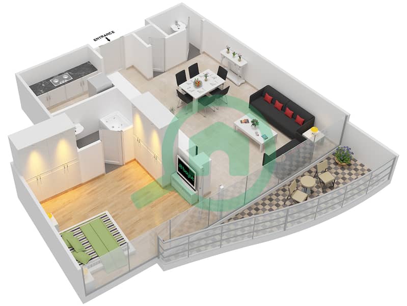 المخططات الطابقية لتصميم الوحدة 1D-1 FLOOR 15-47 شقة 1 غرفة نوم - فندق العنوان وسط المدينة Floor 15-47 interactive3D