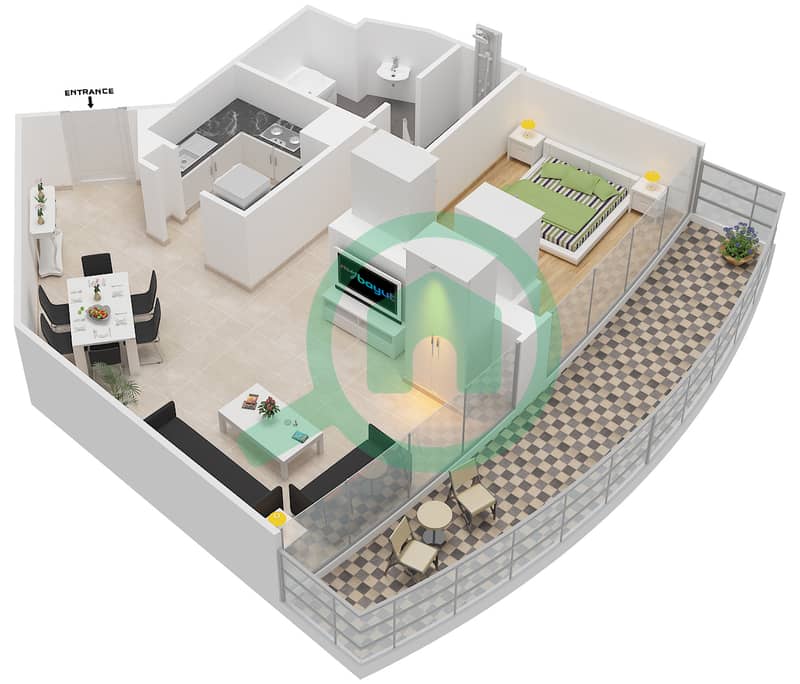 المخططات الطابقية لتصميم الوحدة 1G-1 FLOOR 49-56 شقة 1 غرفة نوم - فندق العنوان وسط المدينة Floor 49-56 interactive3D
