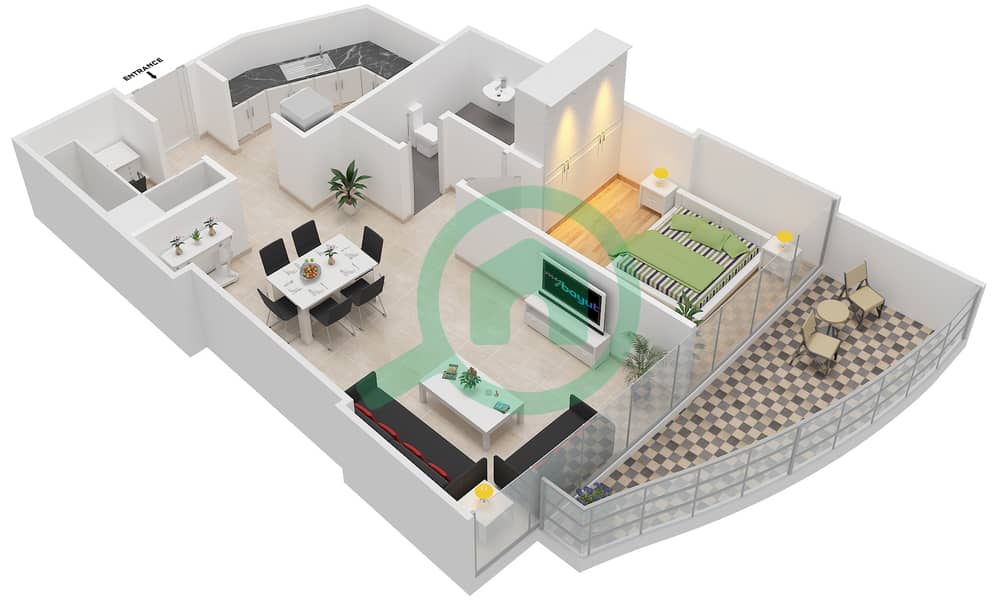 المخططات الطابقية لتصميم الوحدة 1B-1 FLOOR 15-47 شقة 1 غرفة نوم - فندق العنوان وسط المدينة Floor 15-47 interactive3D
