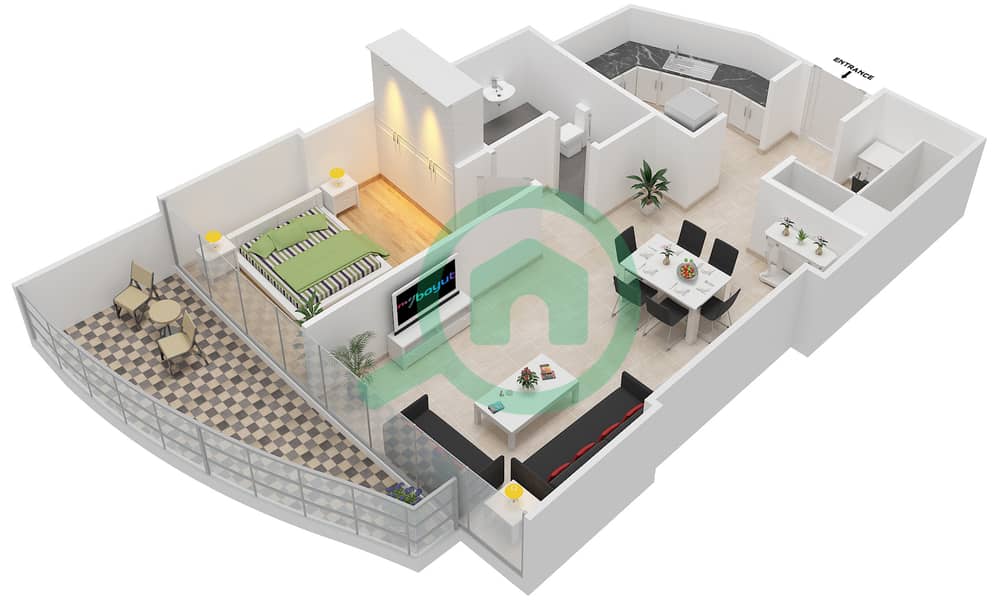 谦恭市中心酒店（湖畔酒店） - 1 卧室公寓单位1B-2 FLOOR 15-47戶型图 Floor 15-47 interactive3D