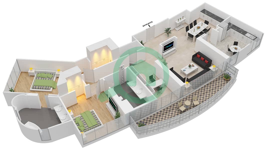 المخططات الطابقية لتصميم الوحدة 2C-2 FLOOR 49-56 شقة 2 غرفة نوم - فندق العنوان وسط المدينة Floor 49-56 interactive3D