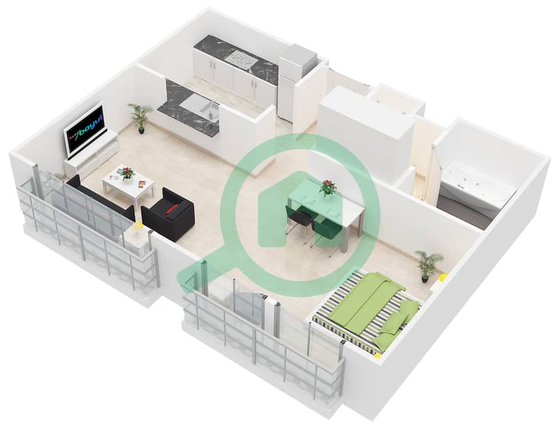 المخططات الطابقية لتصميم التصميم 317 شقة استوديو - برج فيوز بوديوم interactive3D