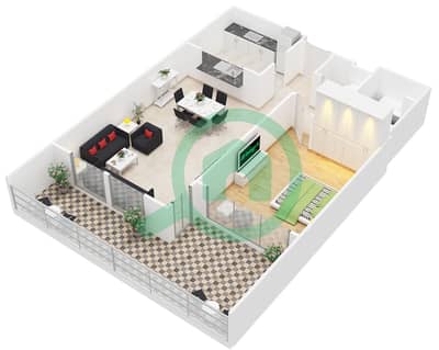 المخططات الطابقية لتصميم التصميم 110 شقة 1 غرفة نوم - برج فيوز بوديوم
