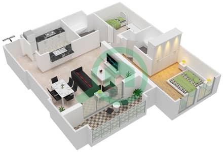 المخططات الطابقية لتصميم التصميم 240 شقة 1 غرفة نوم - برج فيوز بوديوم