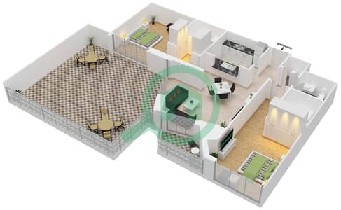 المخططات الطابقية لتصميم التصميم 203 شقة 2 غرفة نوم - برج فيوز بوديوم