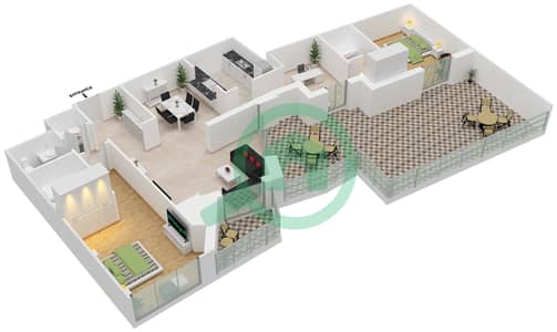 المخططات الطابقية لتصميم التصميم 215 شقة 2 غرفة نوم - برج فيوز بوديوم