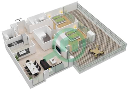 المخططات الطابقية لتصميم التصميم 328 شقة 2 غرفة نوم - برج فيوز بوديوم