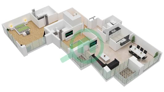 المخططات الطابقية لتصميم التصميم 429 شقة 2 غرفة نوم - برج فيوز بوديوم