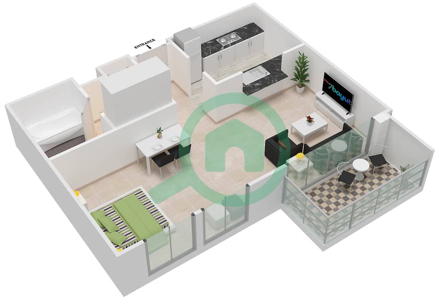 المخططات الطابقية لتصميم التصميم 148 شقة استوديو - برج فيوز بوديوم interactive3D
