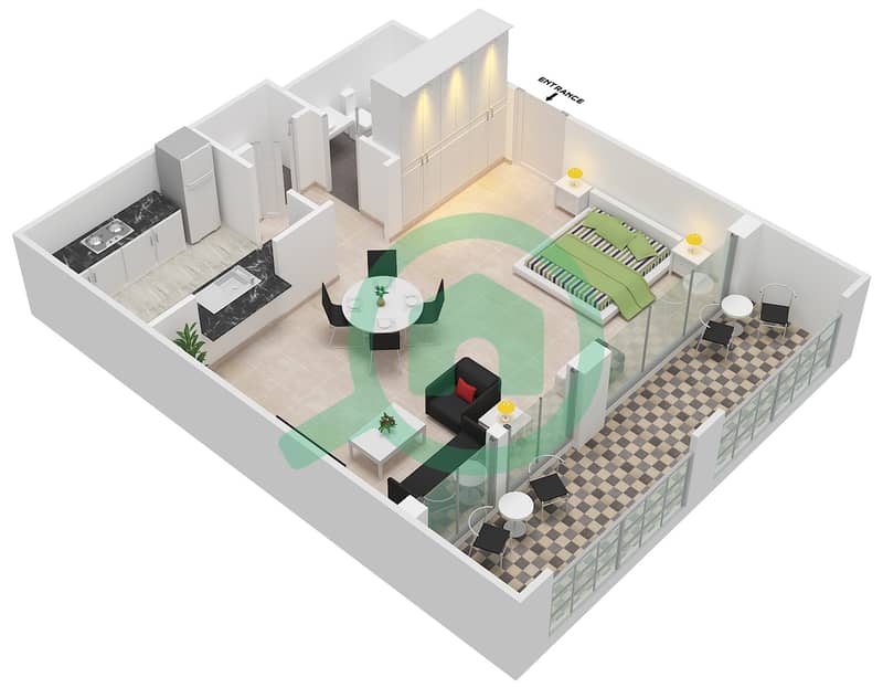 المخططات الطابقية لتصميم التصميم 105,117 شقة استوديو - برج فيوز بوديوم interactive3D