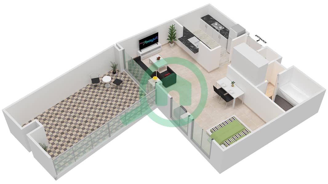景观高塔裙楼 - 单身公寓套房338戶型图 interactive3D