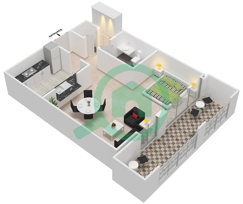 المخططات الطابقية لتصميم التصميم 124,162 شقة استوديو - برج فيوز بوديوم interactive3D