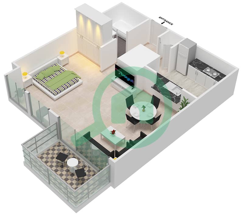المخططات الطابقية لتصميم التصميم 161 شقة استوديو - برج فيوز بوديوم interactive3D