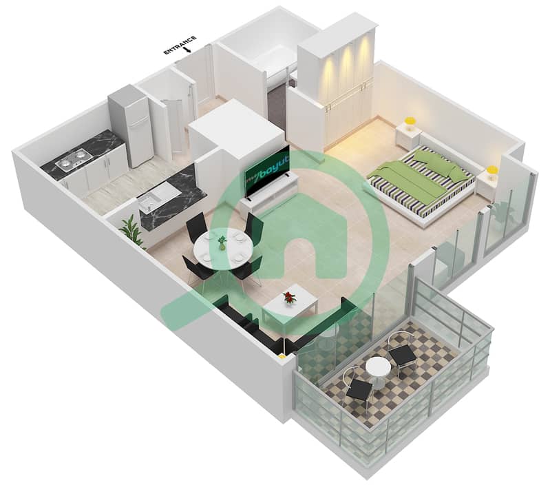 المخططات الطابقية لتصميم التصميم 125 شقة استوديو - برج فيوز بوديوم interactive3D