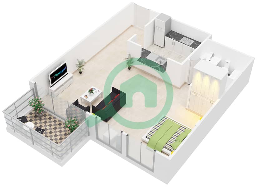 المخططات الطابقية لتصميم التصميم 412,443 شقة استوديو - برج فيوز بوديوم interactive3D