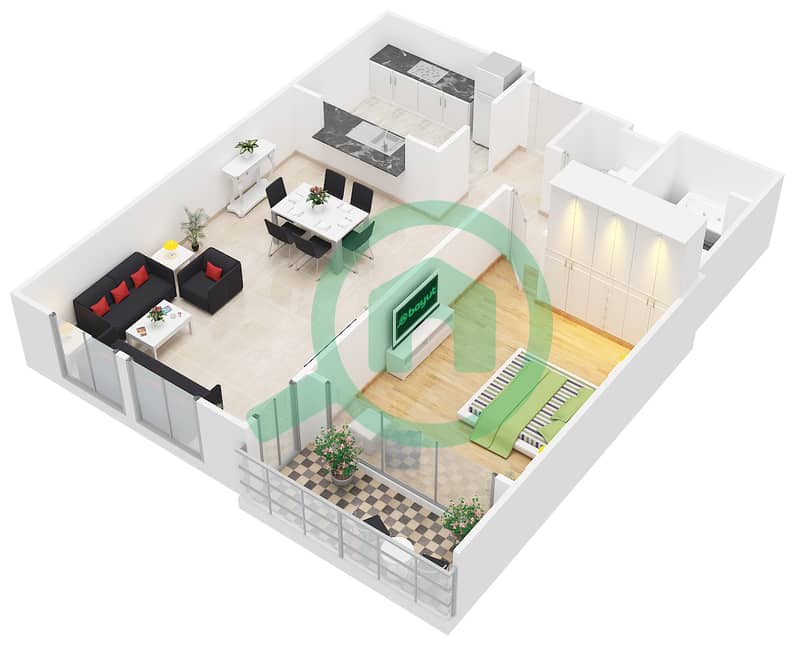 景观高塔裙楼 - 1 卧室公寓套房107,116,144戶型图 interactive3D