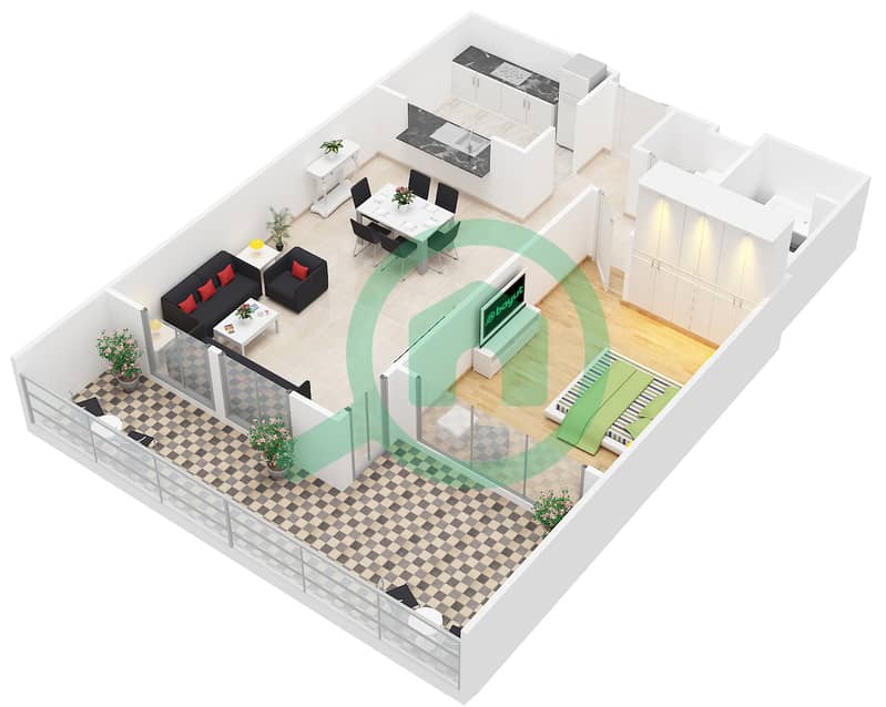 景观高塔裙楼 - 1 卧室公寓套房110戶型图 interactive3D