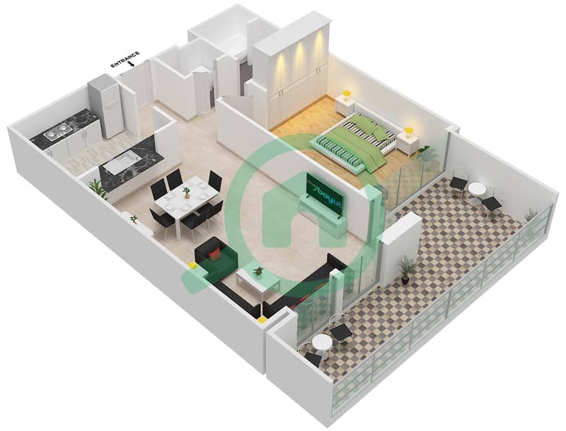 景观高塔裙楼 - 1 卧室公寓套房113戶型图 interactive3D