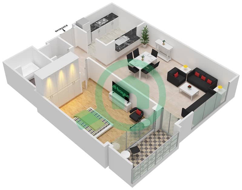 المخططات الطابقية لتصميم التصميم 223,254 شقة 1 غرفة نوم - برج فيوز بوديوم interactive3D