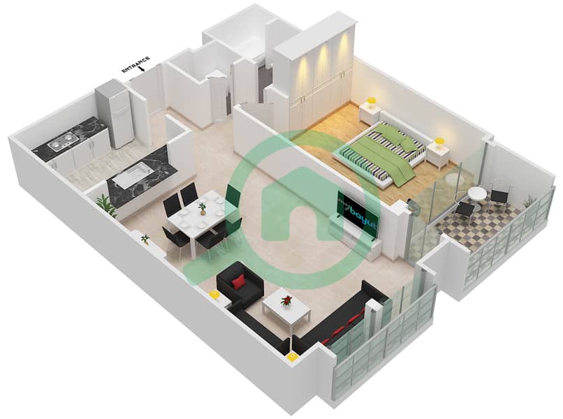 المخططات الطابقية لتصميم التصميم 242 شقة 1 غرفة نوم - برج فيوز بوديوم interactive3D