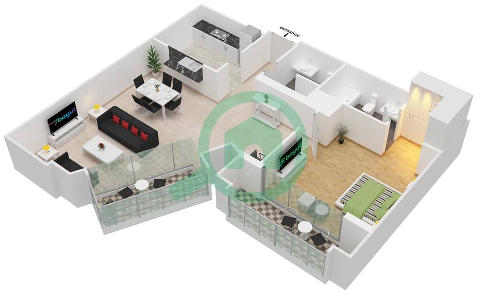 المخططات الطابقية لتصميم التصميم 103-119 شقة 1 غرفة نوم - برج فيوز بوديوم interactive3D