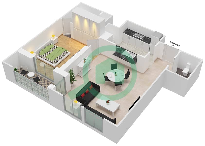 المخططات الطابقية لتصميم التصميم 122,164 شقة 1 غرفة نوم - برج فيوز بوديوم interactive3D